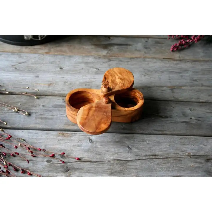 Rustic Tunisian olive wood salt and pepper bowl set, perfect for seasoning with a touch of natural elegance