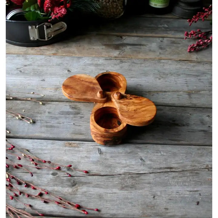 Rustic Tunisian olive wood salt and pepper bowl set, perfect for seasoning with a touch of natural elegance