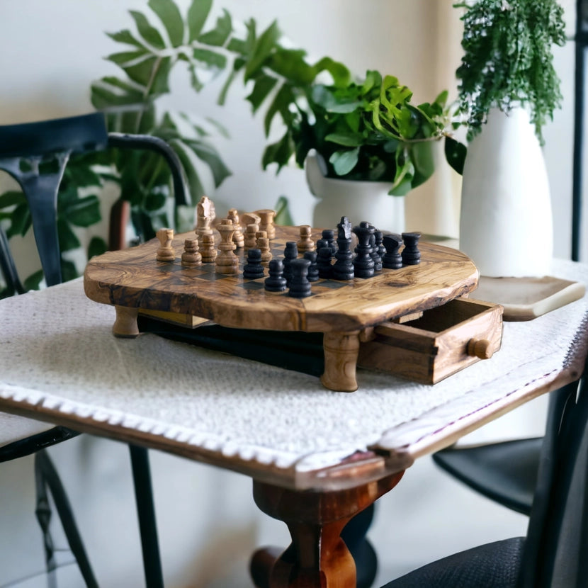 Luxury handcrafted Tunisian olive wood chess set, showcasing unique craftsmanship and traditional artistry.