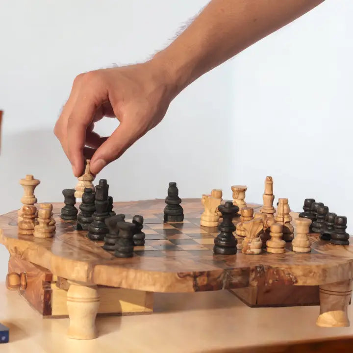 Luxury handcrafted Tunisian olive wood chess set, showcasing unique craftsmanship and traditional artistry.