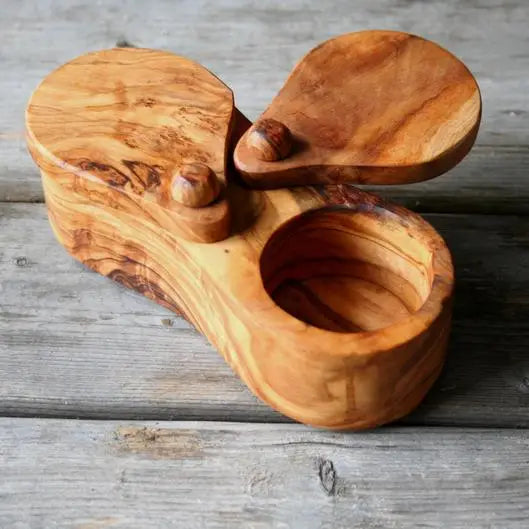 Rustic Tunisian olive wood salt and pepper bowl set, perfect for seasoning with a touch of natural elegance