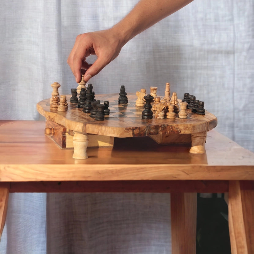 Luxury handcrafted Tunisian olive wood chess set, showcasing unique craftsmanship and traditional artistry.